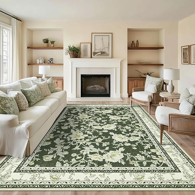 Olive Green Floral Print Area Rugs for Bedroom Living Room Boho Farmhouse Country Rustic Dining Room Carpet Soft Washable Rugs Non Slip Floor Covering for Nursery Playroom 5x8