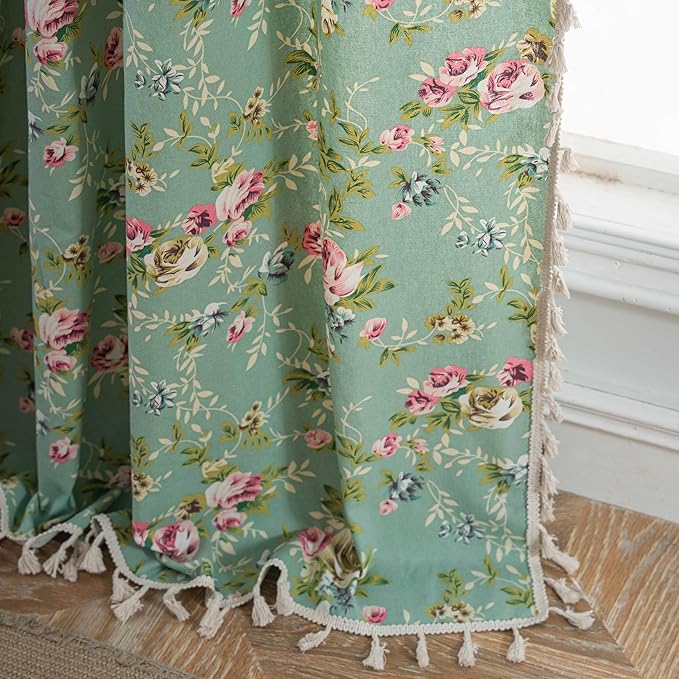 ENJOYBRIDAL Floral 96 Inch Curtains for Living Room Green Drapes Bedroom Semi Sheer Rod Pocket Long Window Curtains 2 Panel Sets Boho Farmhouse Vintage Light Filtering Window Treatments
