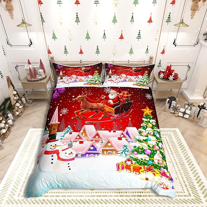 Manfei Christmas Duvet Cover Set Full Size, Snowman Xmas Tree Bedding Set for Kids Boys Girls, Santa Claus with Reindeer Comforter Cover New Year Theme Quilt Cover with 2 Pillowcases, No Comforter