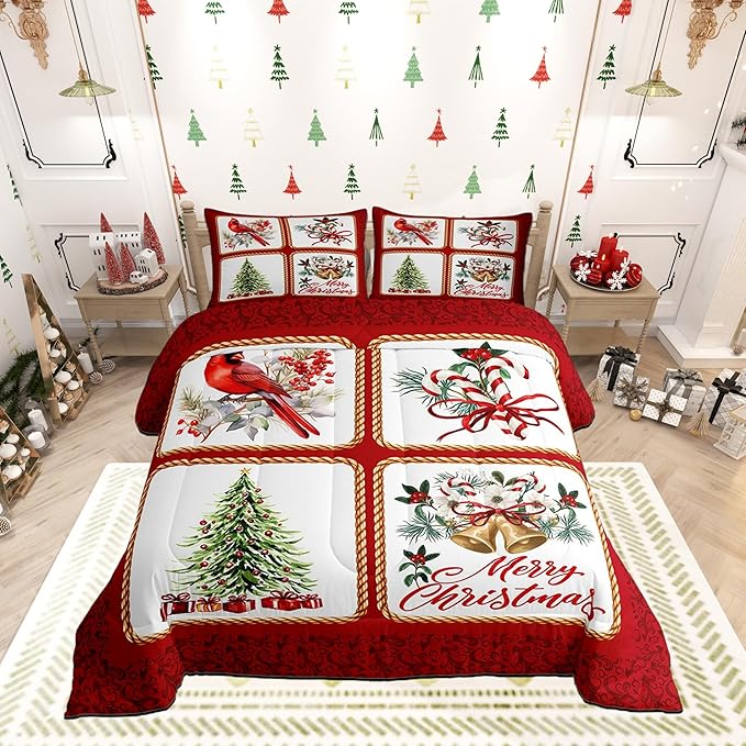 Christmas Plaid Comforter Set King Size,Berries Cardinals Xmas Pine Print Bedding Set All Season Quilt Set,Floral Bells Red Lace Patchwork Microfiber Polyester Down Comforter