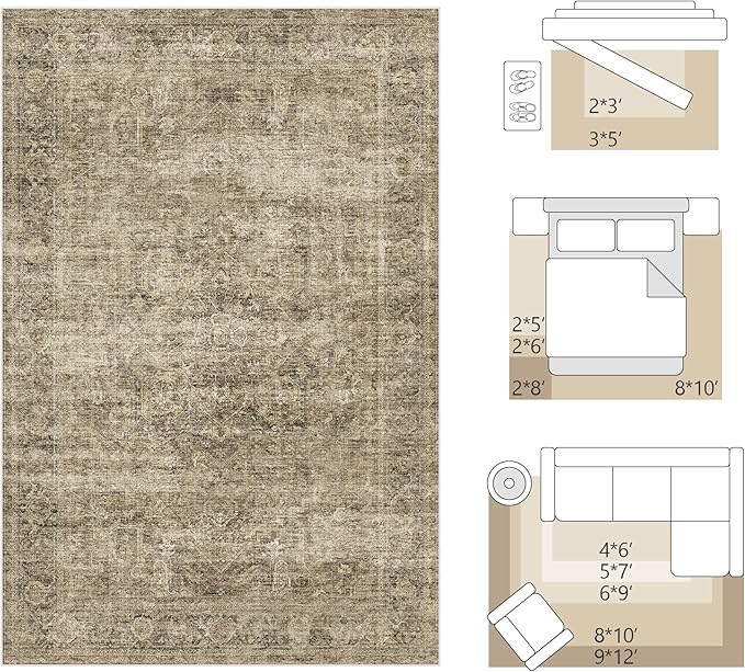 FMFUNCTEX Entryway Rug 2x3 Washable Brown Vintage Distressed Oriental Door Mat Non Slip Low Pile Indoor Carpet Soft Retro Small Throw Area Rugs for Entry Way Entrance Bedroom Kitchen Bathroom Laundry