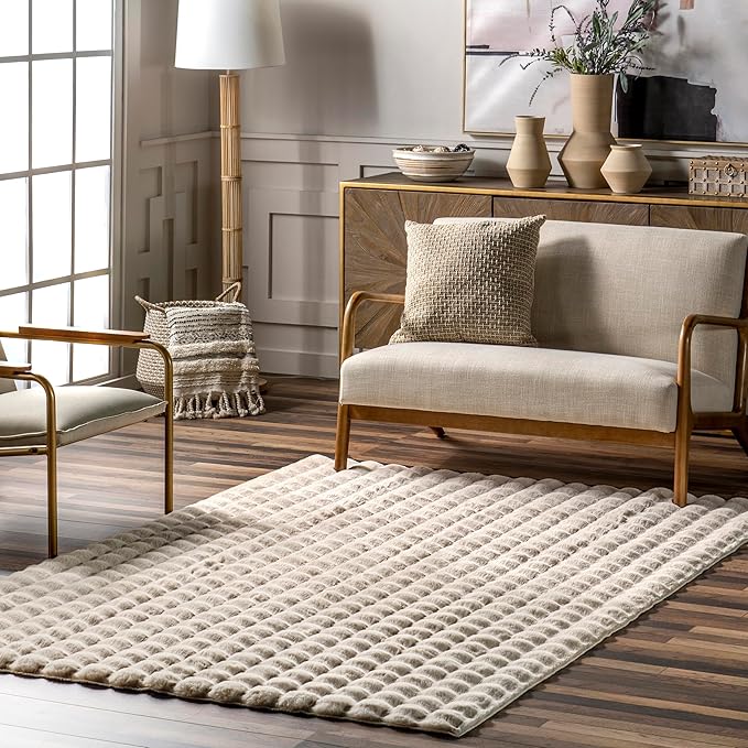 nuLOOM Jeni Beige, 6' x 9', Solid Faux Rabbit, Fluffy and Cozy, High Traffic, Stain Resistant, Easy Clean, Durable Washable Area Rug for Bedroom, Living Room, Dining, Den, Foyer, Entryway