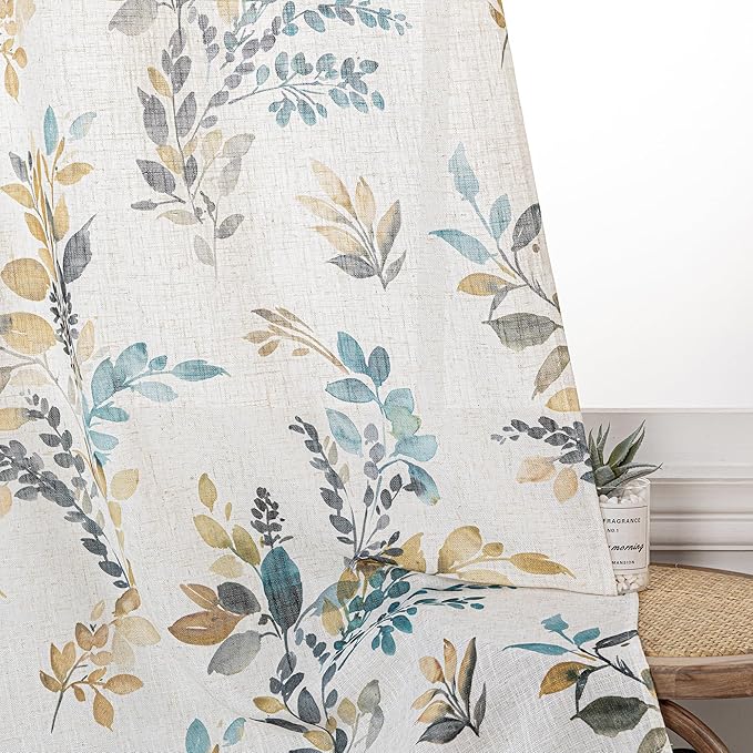 MYSKY HOME 95 Inch Curtains Semi Sheer Linen Blended Window Curtain Panels for Living Room Light Filtering Privacy Protect Drapes Set Leaf Style Texture Soft Touch, 52" x 95", Yellow and Blue, 2 Pcs