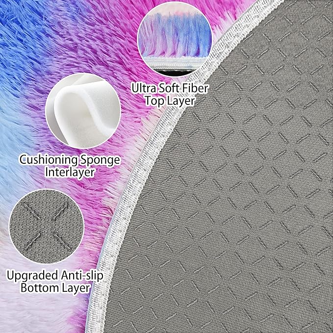 5 ft Soft Rainbow Rug for Girls Room, Fluffy Shaggy Princess Circular Big Rug Colorful Carpet for Kids Teens Toddler Playroom Nursery Reading Nook, Home Decor，Hot Pink