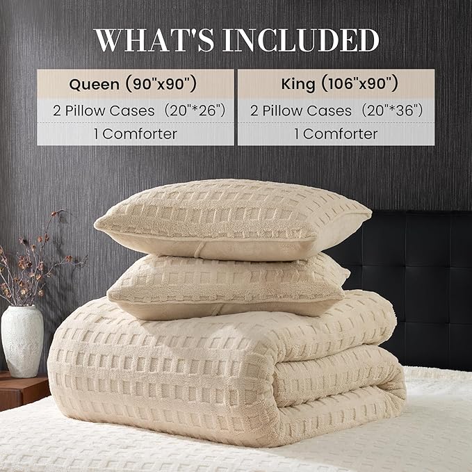 Amélie Home Waffle Comforter Queen Set, Khaki Fluffy Fleece Bedding Set, Super Soft Fluffy Plush Bedding Set for Winter, 3 Pieces, 1 Fuzzy Comforter and 2 Pillowcases