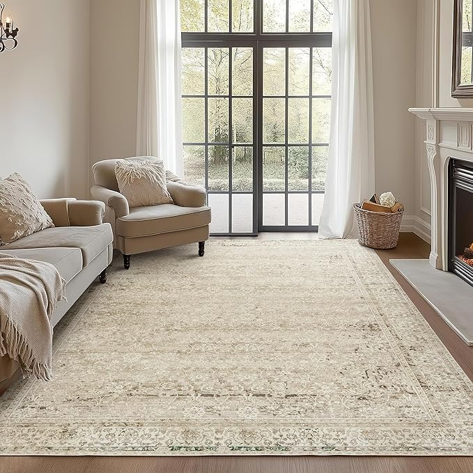 Cream and Light Tan Area Rugs Washable Rug for Living Room Bedroom, Faux Wool Soft No Slip Floral Boho Vintage Extra Large Carpet for Dining Room 9x12
