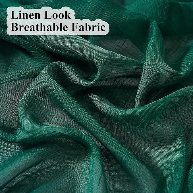 Emerald Green Curtains Sheer 90 Inches Long, Dark Linen Look Textured Light Filtering Drapes Decor, Hunter Green Transparent Window Treatments, Pinch Pleat Curtain with Hooks