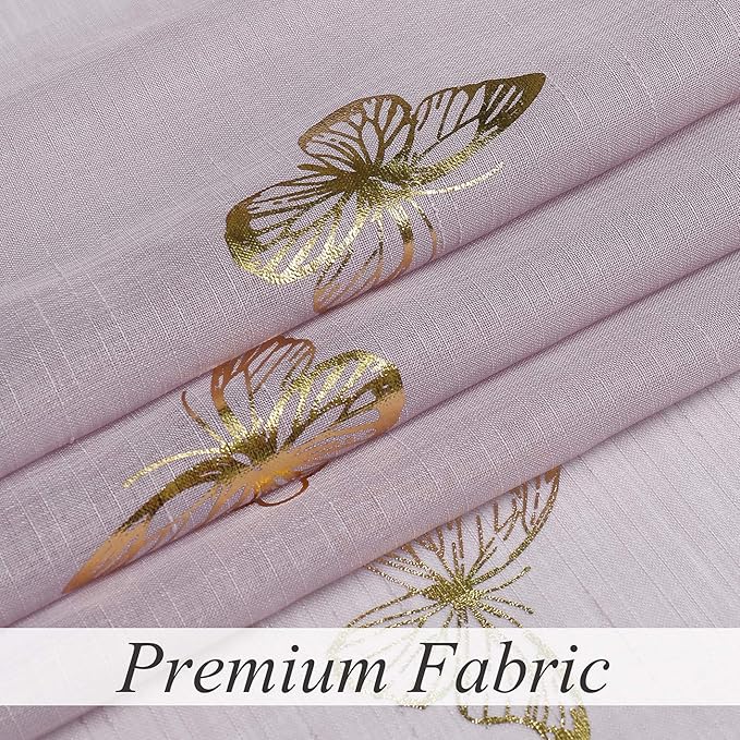 Jubilantex lila Sheer Curtain with Gold Butterfly Pattern for Kids Room, Linen Textured Rustic Metallic Print 95 Inch Rod Pocket Window Drapes for Girls Bedroom Living Room, 2 Panels