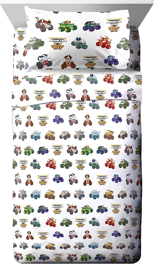 Monster Jam Truckin Pals 5 Piece Twin Bed Set - Includes Comforter & Sheet Set - Bedding Features Grave Digger & Megalodon - Super Soft Fade Resistant Microfiber (Official Monster Jam Product)