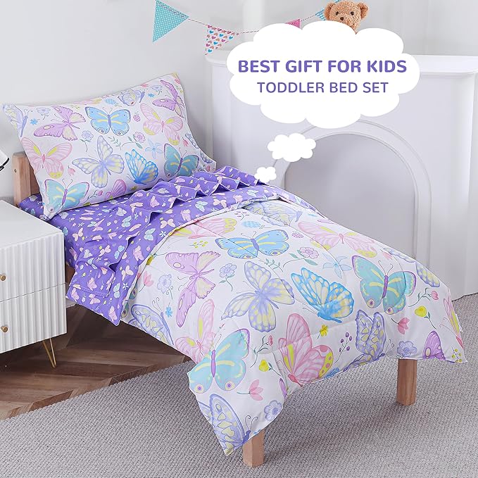 Viviland Colorful Butterfly Toddler Comforter Sets, Cute Girls Toddler Bedding Set, Soft Microfiber Butterflies Toddler Bed Set