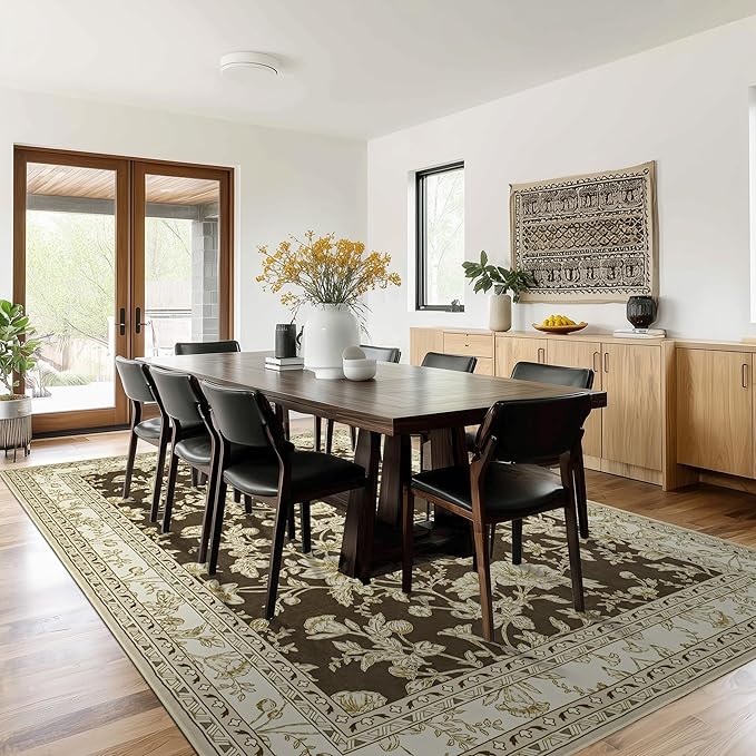 Brown Floral Print Area Rugs for Bedroom Living Room Boho Farmhouse Country Rustic Dining Room Carpet Soft Washable Rugs Non Slip Floor Covering for Nursery Playroom 5x7
