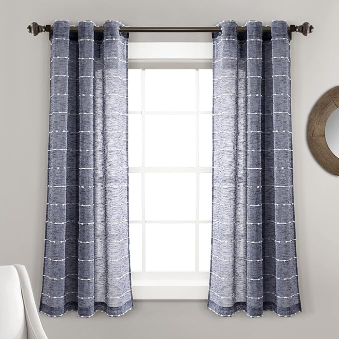 Lush Decor Farmhouse Textured Grommet Sheer Window Curtain Panel Pair, 38"W x 63"L, Navy