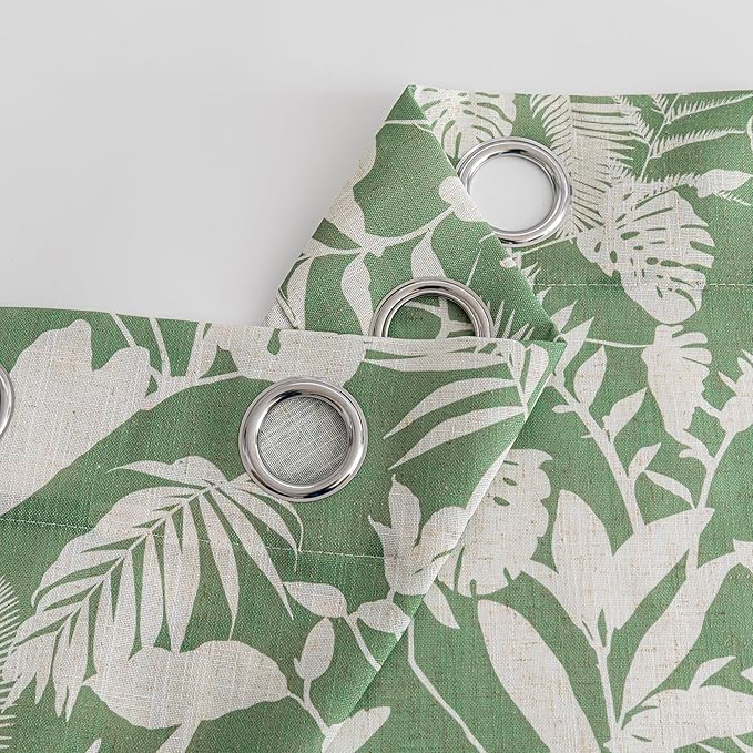 MYSKY HOME Linen Tropical Curtains 63 Inch Length Semi Sheer Curtains Pattern Decorative Window Treatment Drapes Privacy with Light Through for Kitchen/Nursery/Bathroom, 52" Wide, Green, 2 Panels
