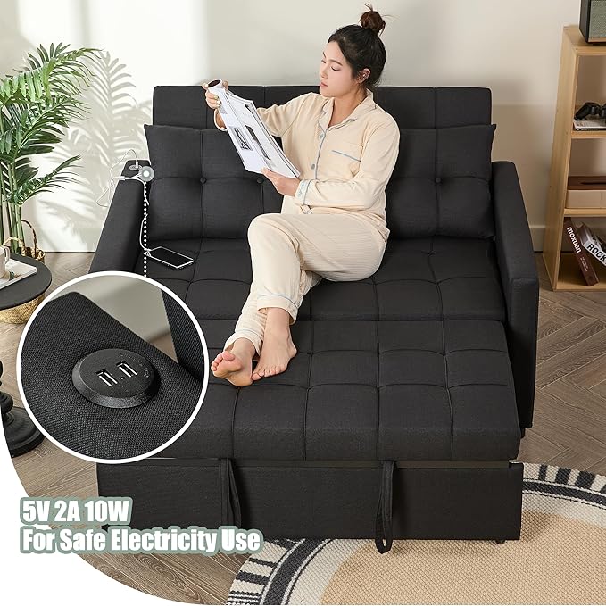 52" Sleeper Sofa with Pull-Out Bed, 3-in-1 Convertible Sofa Bed, Loveseat with Stepless Adjustable Backrest and Side Pocket, for Living Room Dorm Apartment, Linen, Black