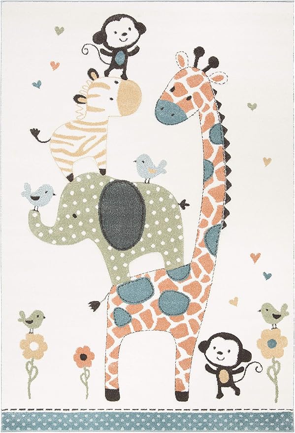 SAFAVIEH Carousel Kids Collection Area Rug - 6'7" x 9', Ivory, Animal Design, Non-Shedding & Easy Care, Ideal for High Traffic Areas for Boys & Girls in Playroom, Nursery, Bedroom (CRK120A)