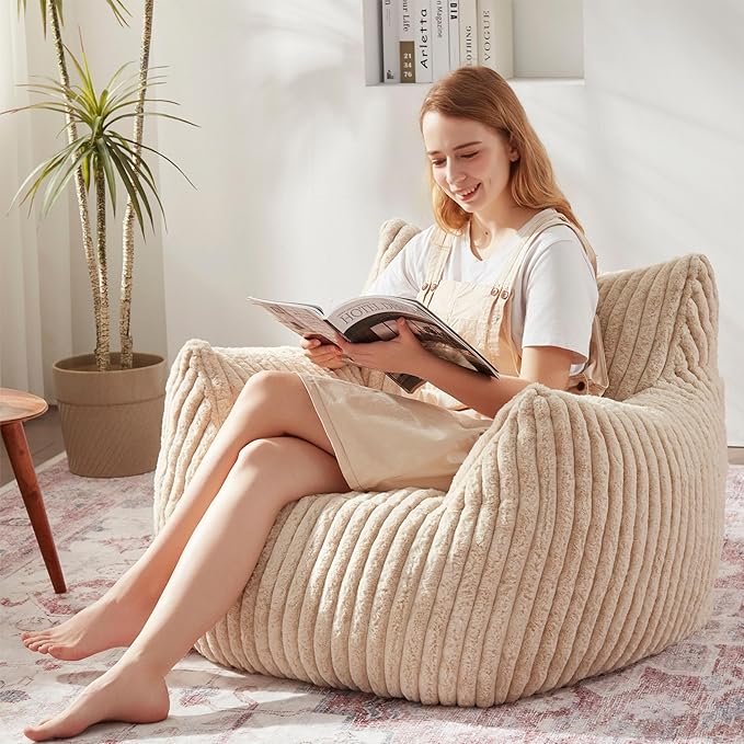 Giant Bean Bag Chairs for Adults with Filling Plush Fluffy Bean Bag Chairs for Teens with Armrests Comfy BeanBag Lazy Couch Sofa Chair for Bedroom Living Room Reading
