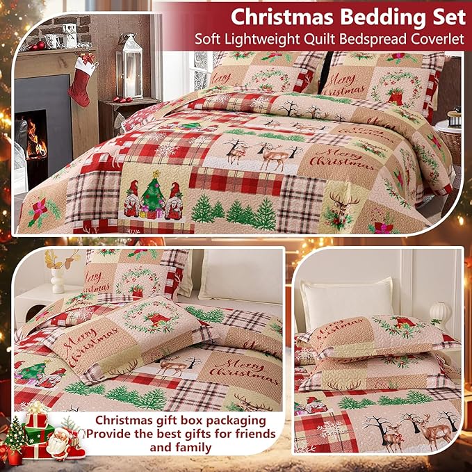 Christmas Bedding Set Queen Christmas Quilt Bedspread,Gnome Santa Claus Plaid Patchwork Xmas Quilt Set Bedding Holiday Christmas Quilts Decor Gift Elk Pattern Lightweight Reversible Bedspread Coverlet