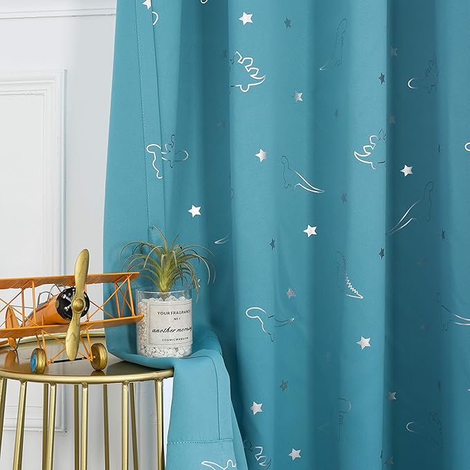 LORDTEX Dinosaur and Star Foil Print Blackout Curtains for Kids Room - Thermal Insulated Curtains Noise Reducing Window Drapes for Boys and Girls Bedroom, 52 x 84 Inch, Teal, Set of 2 Panels