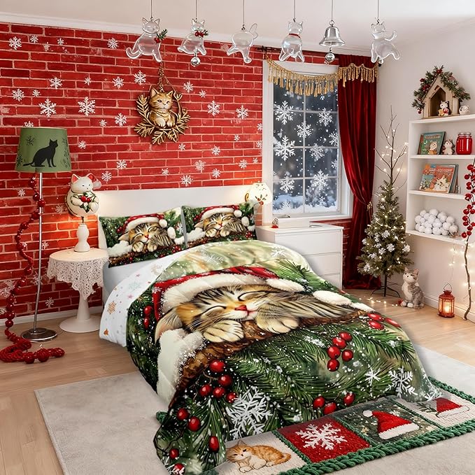 Xmas Cat Comforter Set King Size,Snowflake Holly Berries Winter Kids Bedding Set,Merry Christmas Poinsettia Animal Quilt Comforter,Green Yellow Duvet Insert,2 Pillowcases