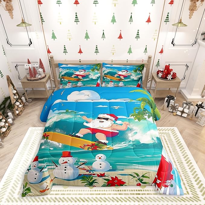 Manfei Christmas Comforter Set Twin Size, Santa Claus Surfing Theme Bedding Set for Kids Boy Girl Room Decor, Beach Snowman Down Comforter for All Season, Soft Polyester Quilt Set, 1 Pillowcase