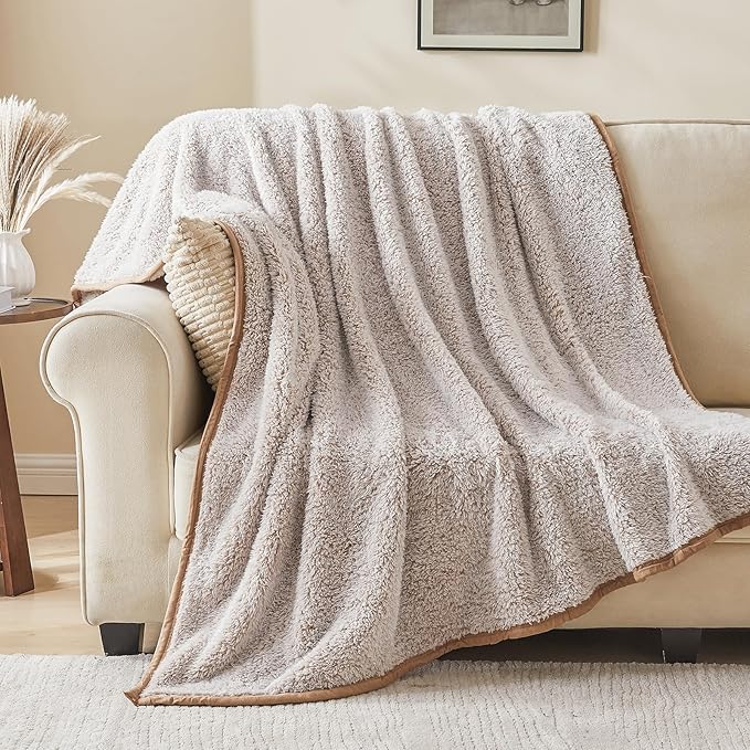 EMME Soft Sherpa Fleece Blanket Reversible Plush Fluffy Large Blanket, Light Weight Warm Decorative Boho Blanket Cover for Sofa, Couch, Bedroom,Travel(Plush Khaki,60"x80")