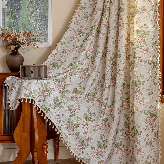ENJOYBRIDAL Pink Floral 63 Inch Curtains 2 Panel Set Bedroom Semi Sheer Drapes Short Living Room Farmhouse Window Curtain Panels Boho Dining Room Decor Rod Pocket Tassel Window Treatments