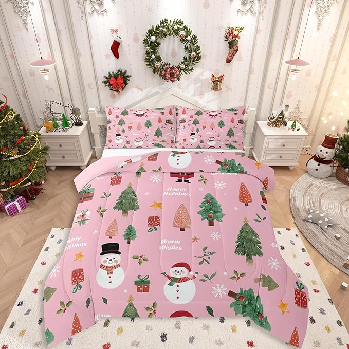 Feelyou Pink Christmas Comforter Set Twin Size Snowman Bedding Set for Kids Boys Girls Xmas Tree Duvet Quilt Bedroom Decor Microfiber 2 Pcs with 1 Pillow Cases