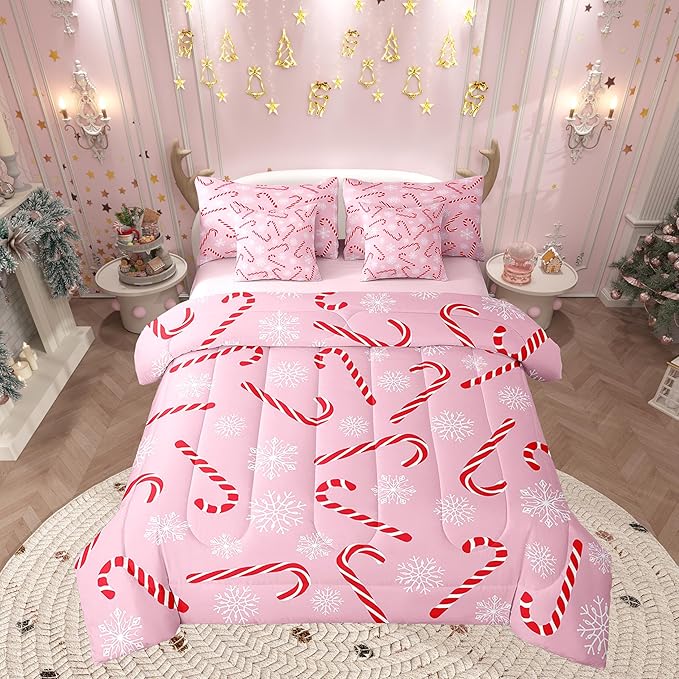 Erosebridal Xmas Candy Cane Queen Bedding Set 7 Piece,Merry Christmas Bed in A Bag for Kids Boys Girls,White Snowflake Comforter Set Pink Christmas Ornaments Sheet Set with Comforter