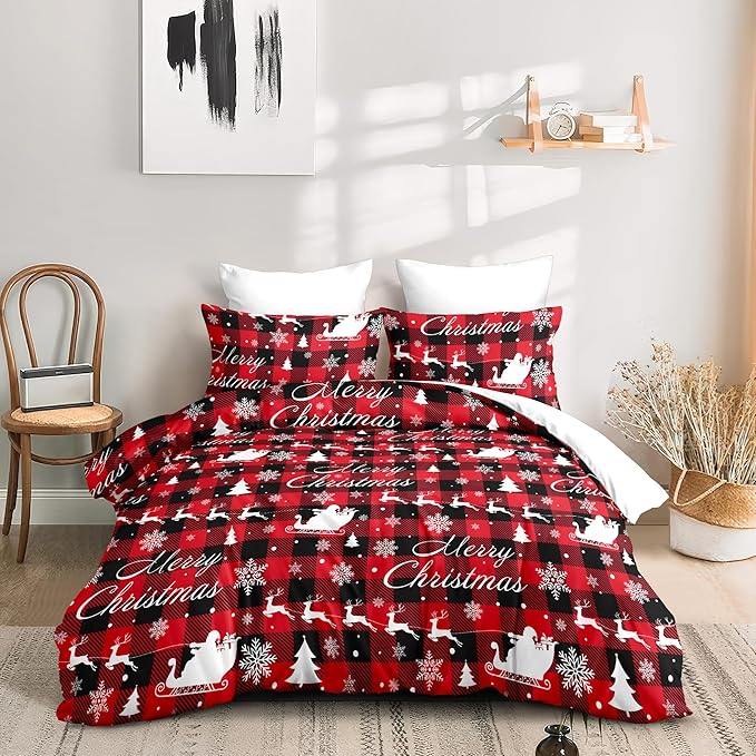 Christmas Duvet Cover Queen Size Red Black Gingham Bedding Set 3 Pcs Kids Boys Girls Christmas Deer Pattern Soft Warm Comforter Cover with Zipper Closure