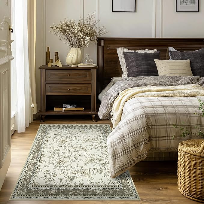 3x5 Beige Khaki Floral Area Rug for Entryway Soft Washable Modern Boho Farmhouse Rug Non-Slip Taupe Oatmeal Earth Tone Sketch Style Flower Vintage Aesthetic Carpet for Bedroom, Dining Room Door Mat