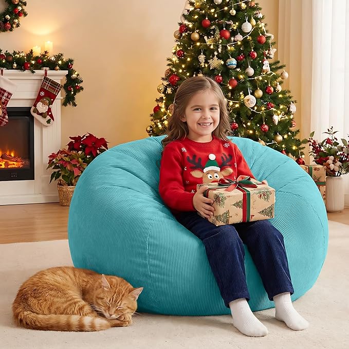 Nobildonna 3 ft Bean Bag Chair Cover (No Filler) 35"×43" Large Stuffed Animal Storage Bean Bag Washable Big Beanbag Chair Cover Premium Corduroy Stuffable Bean Bag Cover for Adults,Kids,Turquoise 300L