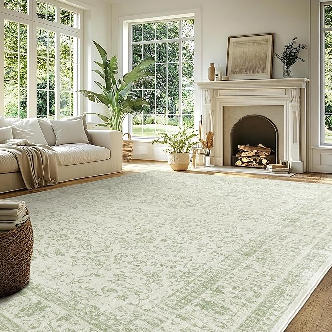 Sage Green Rug for Bedroom,Boho Floral Print Washable Cottage Core 8x10 Area Rugs for Living Room,Light Green