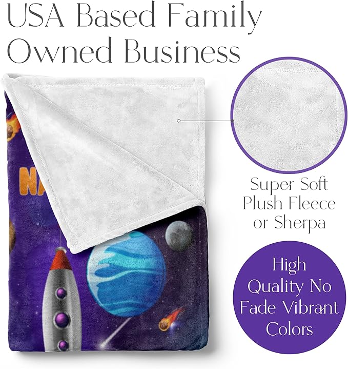 Personalized Rocket Ship Blanket for Kids, Cute Custom Name Throw for Boys and Girls, Fun Outer Space, Galaxy, and Planets, Soft and Plush, Birthday or Christmas, (Fleece 50x60)