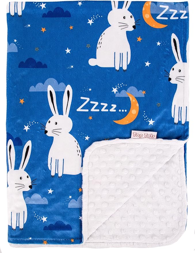 Top Tots Deluxe Minky Baby Blanket - Nighttime Bunnies, 40 x 29 Inch White
