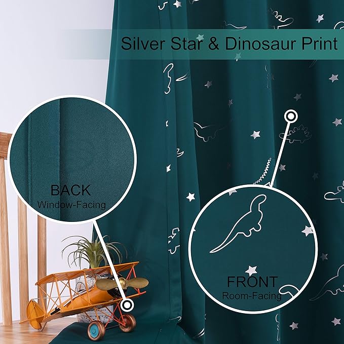 LORDTEX Dinosaur and Star Foil Print Blackout Curtains for Kids Room - Thermal Insulated Curtains Noise Reducing Window Drapes for Boys and Girls Bedroom, 52 x 84 Inch, Sapphire, Set of 2 Panels