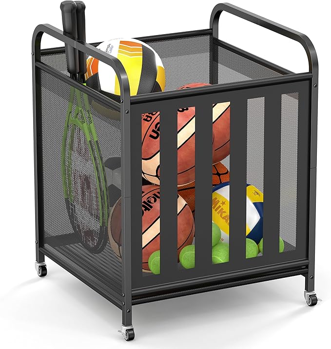 niffgaff Large Rolling Ball Storage Cart – Metal Ball Bin with Lockable Wheels and Elastic Straps, Holds Basketballs, Soccer Balls, Toys and Sports Equipment, Indoor & Outdoor Organizer – Black