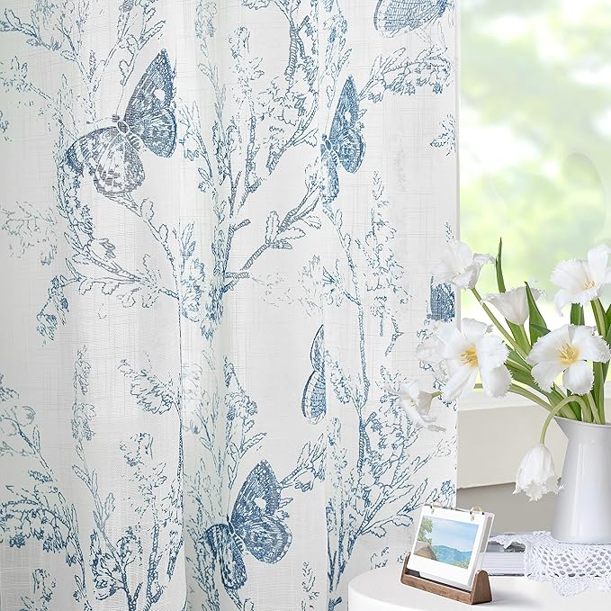 Jubilantex Butterfly Leaf Semi Sheer Curtains 95" L Curtain Panels for Kids Bedroom,Blue Print on White Light Filtering Window Drapes,Grommet Top