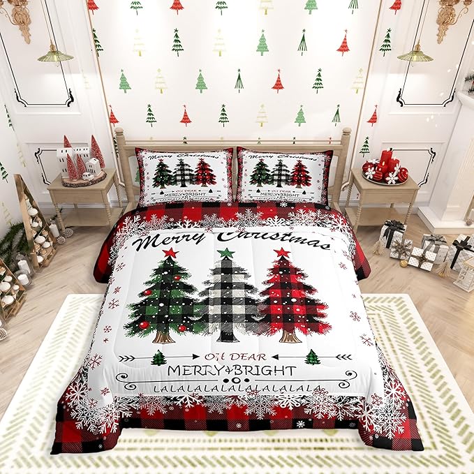 Christmas Comforter Set Queen Size, Red Plaid Xmas Trees Bedding Set 3pcs , Winter Snowflake New Year Reversible Down Comforter for All Season, Kids Boys Girls Room Decor, 2 Pillowcases, No Sheets