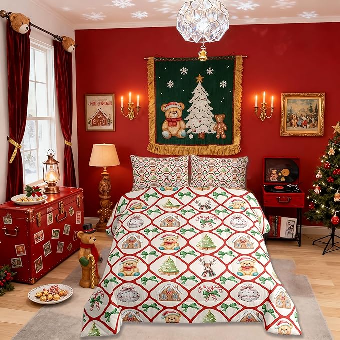 Merry Christmas Kids Bedding Set King Size,Kawaii Bowknot Cartoon Xmas Bear Comforter Set,Pine Tree Geometric Lattice Quilt Comforter,Beige Red Green Bedroom Duvet Insert,2 Pillowcases