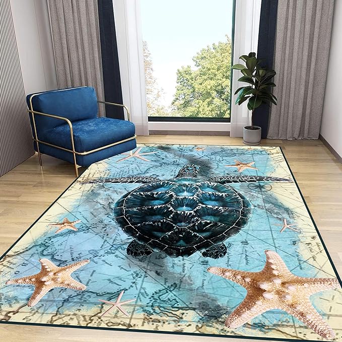 Nautical World Map Area Rug, 6x9ft, Coastal Sea Turtle Starfish Children's Rugs, Blue Ocean Themed Washable Dirty Resistant Mat, Soft Cozy Thin Easy Clean Mat for Floor Living Room