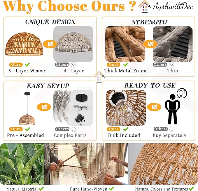 Hemp Rope Woven Pendant Light Woven Light Fixture Boho Chandelier Light Fixture Wicker Pendant Lights Rattan Lights Pendant Dome Wicker Chandelier for Dining Room Kitchen Island(Bulb Incl.