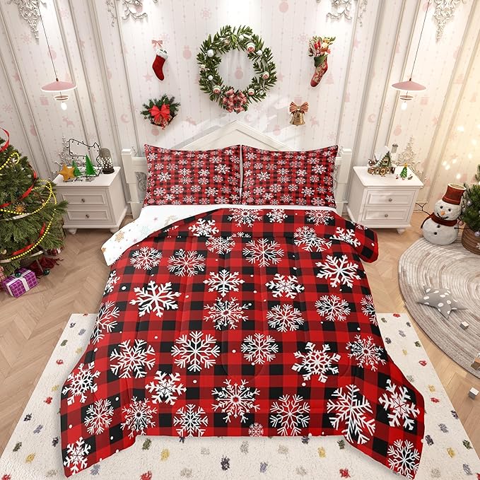 Feelyou Christmas Comforter Set Full Size Red Black Plaid Bedding Set for Kids Boys Girls Winter Snow Duvet Quilt Snowflake Red Bedroom Decor Microfiber 3 Pcs with 2 Pillow Cases