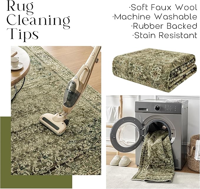 Olive Green Boho Area Rug 5 x7 for Living Room Washable Faux Wool Low Pile Stain Resistant Rubber Backed Cottagecore Neutral Bedroom Nursery Rugs 5x7