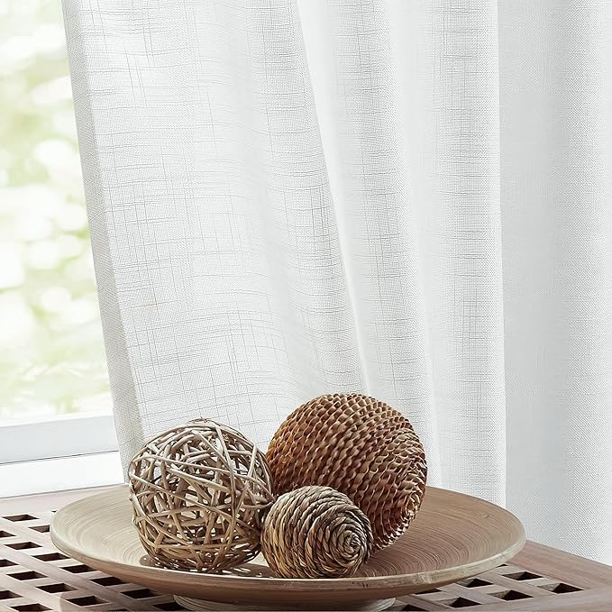FMFUNCTEX Linen Semi Sheer Curtains for Living Room, White Curtains 108 Inches Long for Bedroom, Country Farmhouse Sheer Extra Long Drapes, Light Filtering Window Curtain, Grommet Top 2 Panels