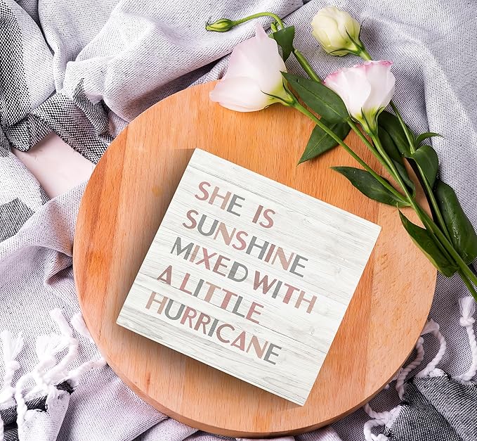 SRADMO She Is Sunshine Mixed with a Little Hurricane Boho Wood Box Sign Desk Decor, Girls Baby Inspirational Quotes Wooden Block Box Sign Decoration For Girls Room Shelf Table Nursery Playroom Decor