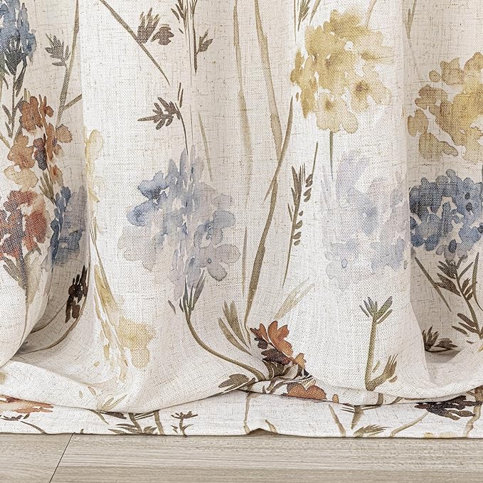 MYSKY HOME Living Room Linen Curtains 90 inch Floral Pattern Light Filtering Privacy Protect Drapes for Window Decoration Rustic Vintage Style for Family Room, 52" Wide, Yellow, 2 Pcs