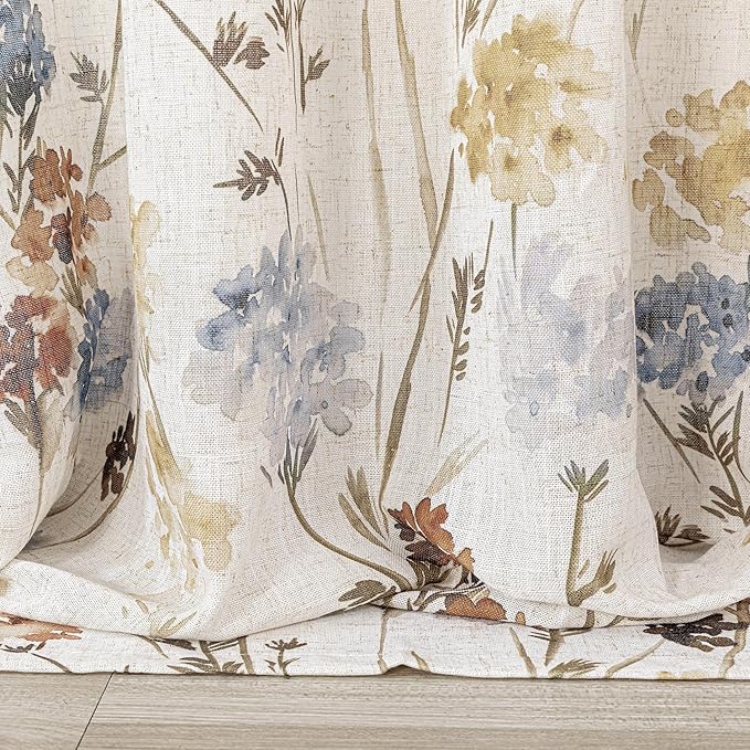 MYSKY HOME Floral Linen Curtains 84 inch Length 2 Panels Set Flower Patterned Semi Sheer Light Filtering Privacy Farmhouse Grommet Drapes for Living/Dining Room, Yellow, W52 x L84, Pack-2