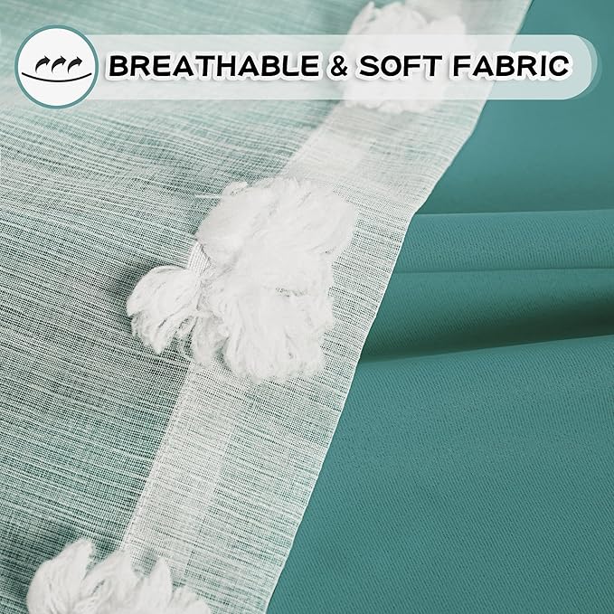 MYSKY HOME Kids Curtains for Boys Bedroom Room Darkening Grommet Double Layer Curtains for Son Room Decor 63 Inches Long White Pom Pom Sheer Blackout Curtains 2 Layers Teal 52 x 63 Inch 2 Panels