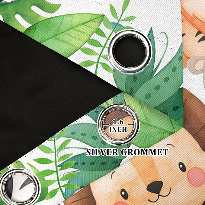 Renaiss 52 x 108 Inch Safari Animal Curtains for Kids Tropical Rainforest Lions Tigers Elephants Giraffes African Jungle Tree Green Leaf Print Window Drapes for Nursery Baby Bedroom Playroom 2 Panels