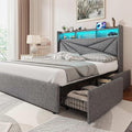 LED Full Size Bed Frame with 4 Storage Drawers, Upholstered Full Bed Frame with 2-Tier Headboard and Charging Station, No Box Spring Needed, Easy to Assembly - Light Grey